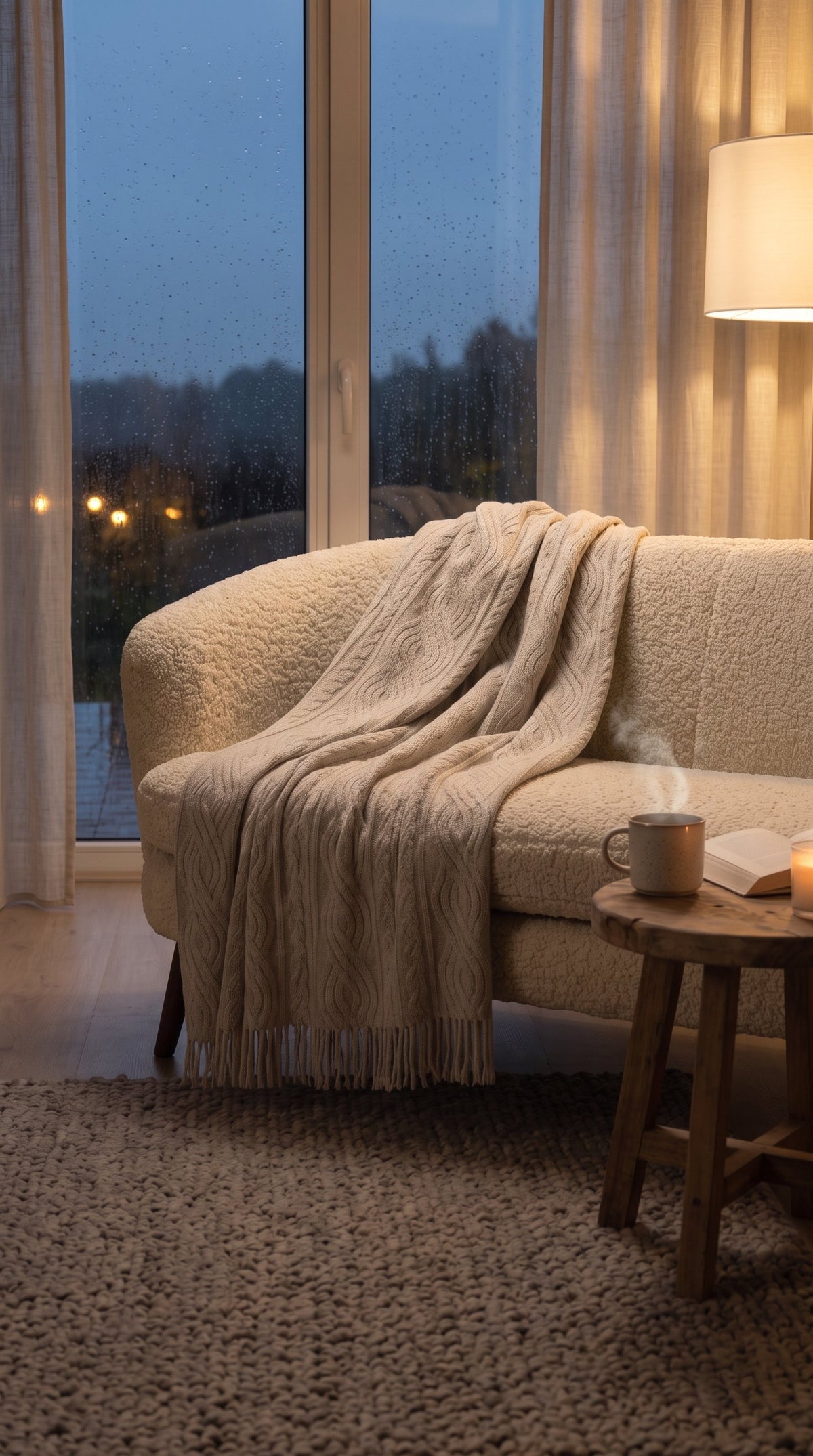 Kuscheldecke Relief Sand auf dem Sofa an einem regnerischen Abend