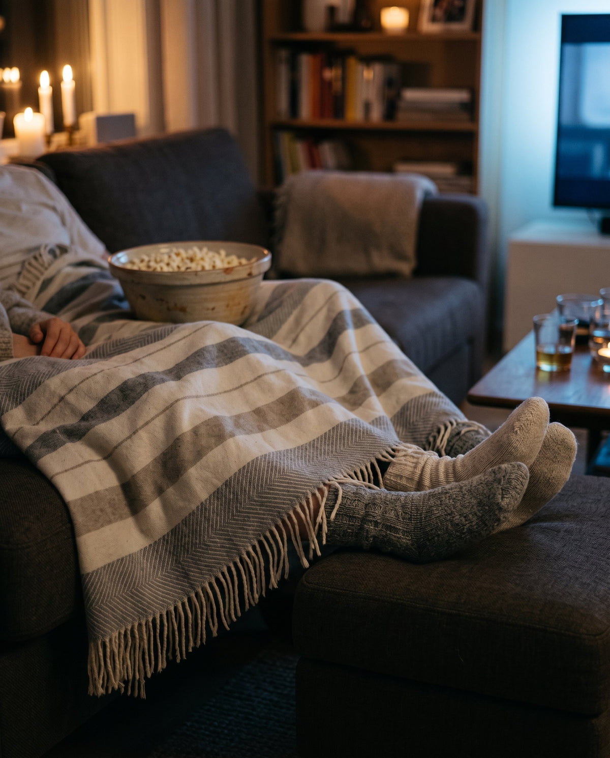 Kuscheldecke Horizont Grau beim Filmabend auf dem Sofa