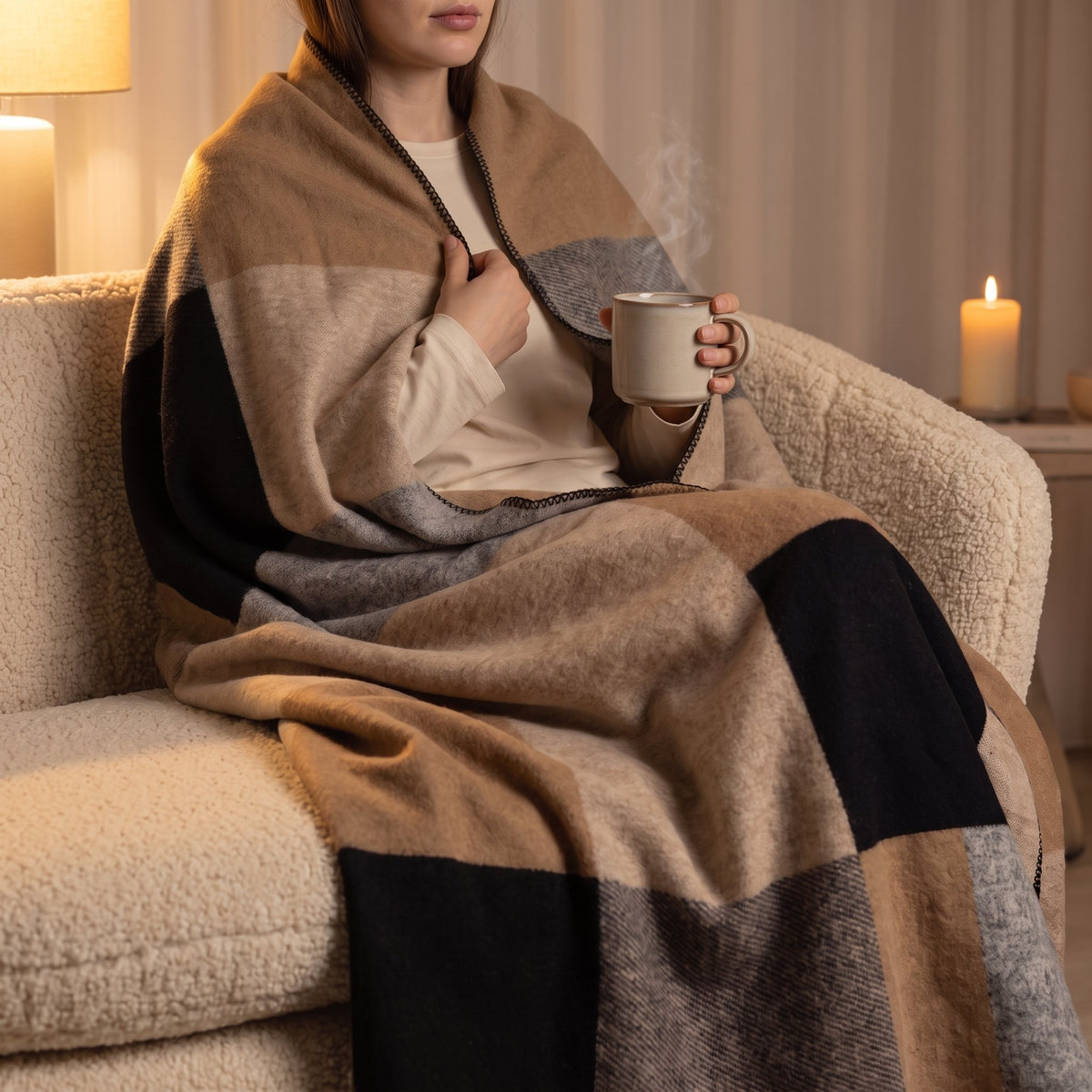 Frau sitzt am Abend mit einer Tasse Tee auf dem Sofa, eingekuschelt in die Kuscheldecke Kontur